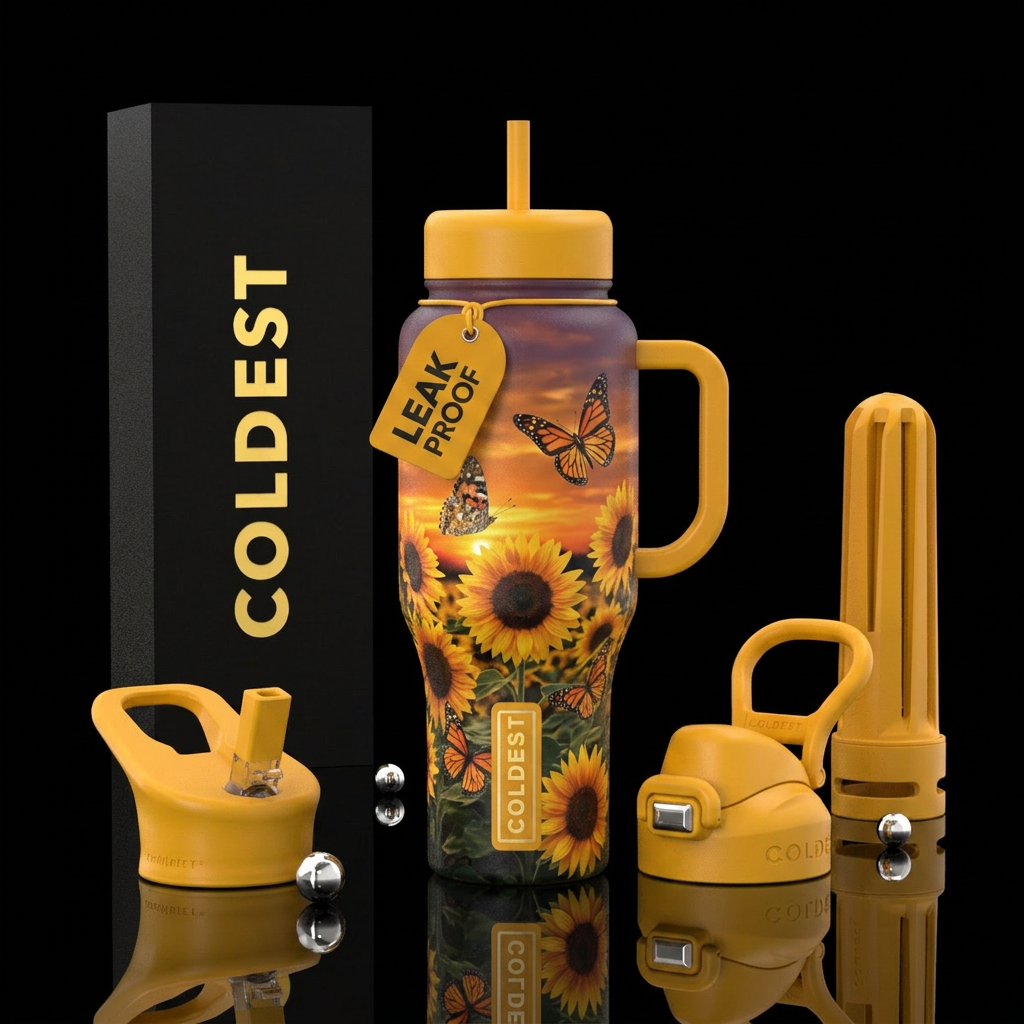 Sunset, sunflowers, butterflies water bottle design