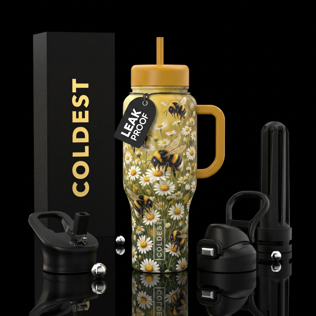 Bumblebees in a field of daisies water bottle design