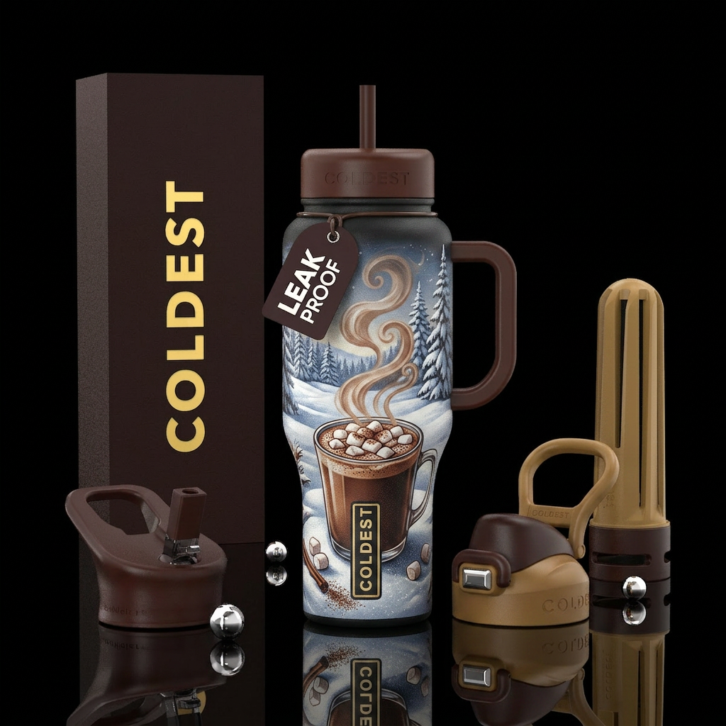 Snowy morning with hot chocolate water bottle design