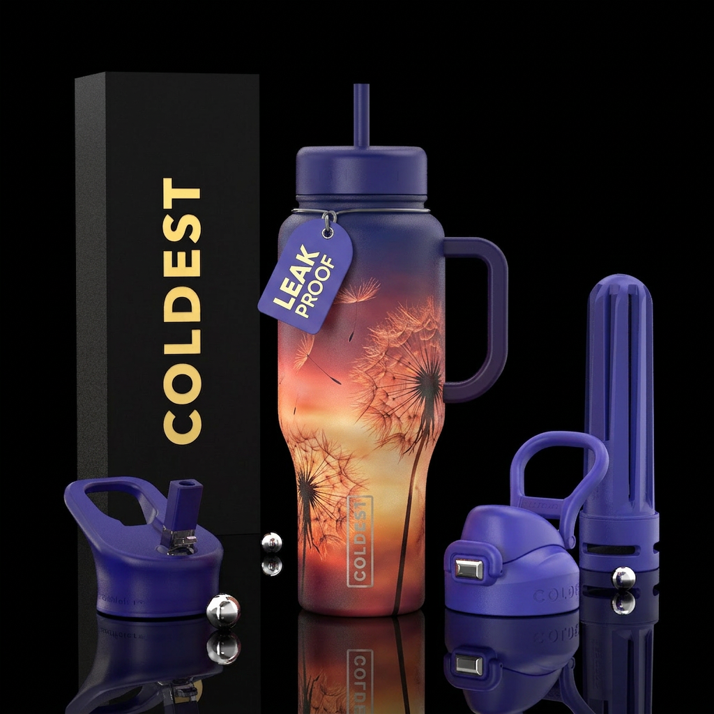 Dandelion, sunset, gradient, peaceful water bottle design