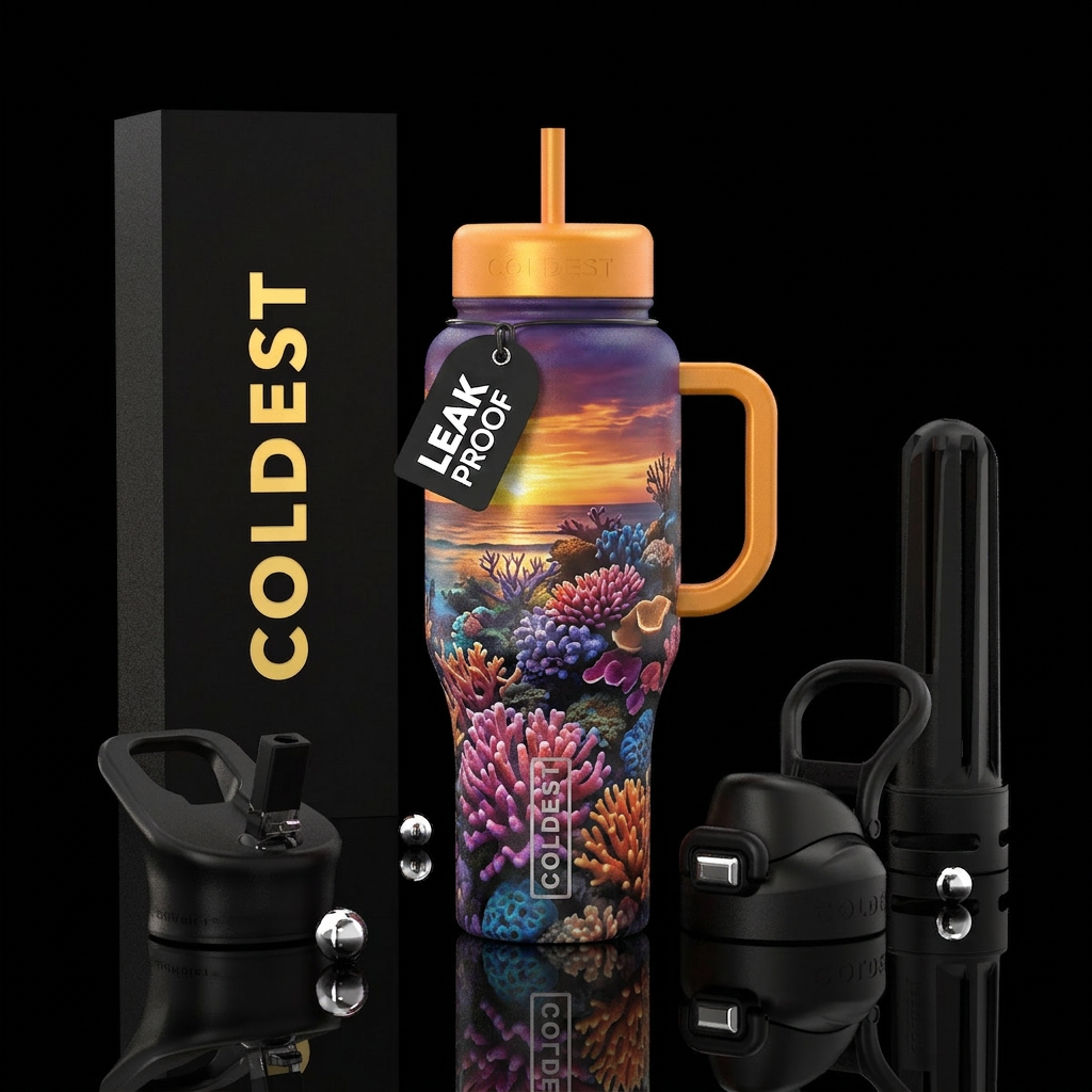 Coral reef, sunset water bottle design