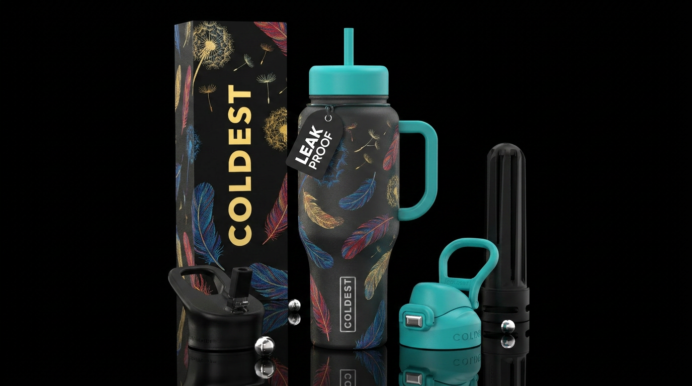 Feathers in the wind with dandelions water bottle design