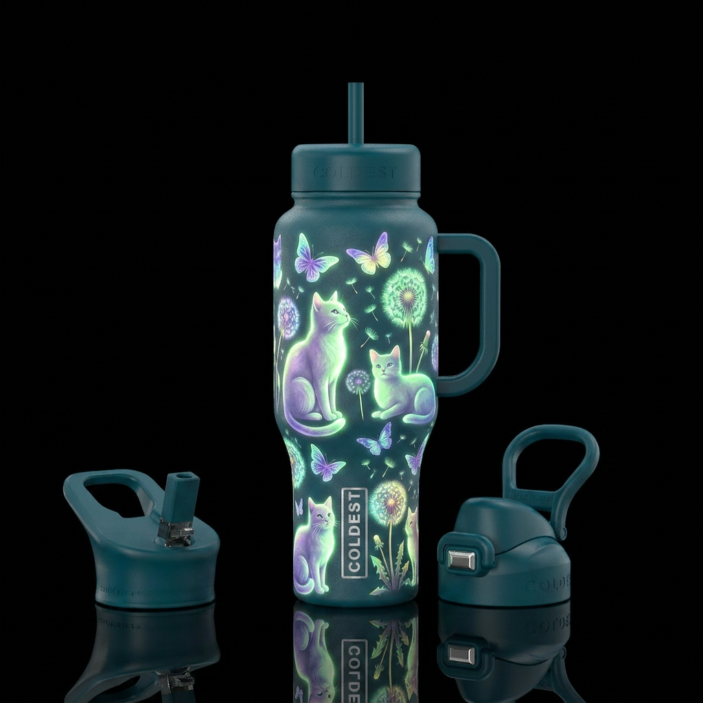 Glow in the dark cats with butterflies and dandeli... water bottle design