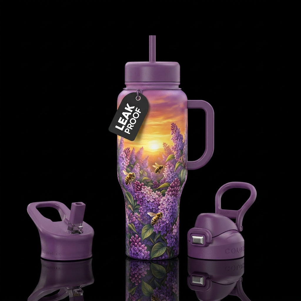 Lilac bush, bees, sunset water bottle design
