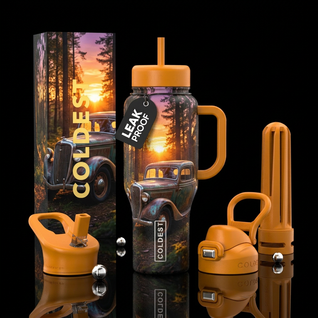 Old car in the woods during sunrise water bottle design