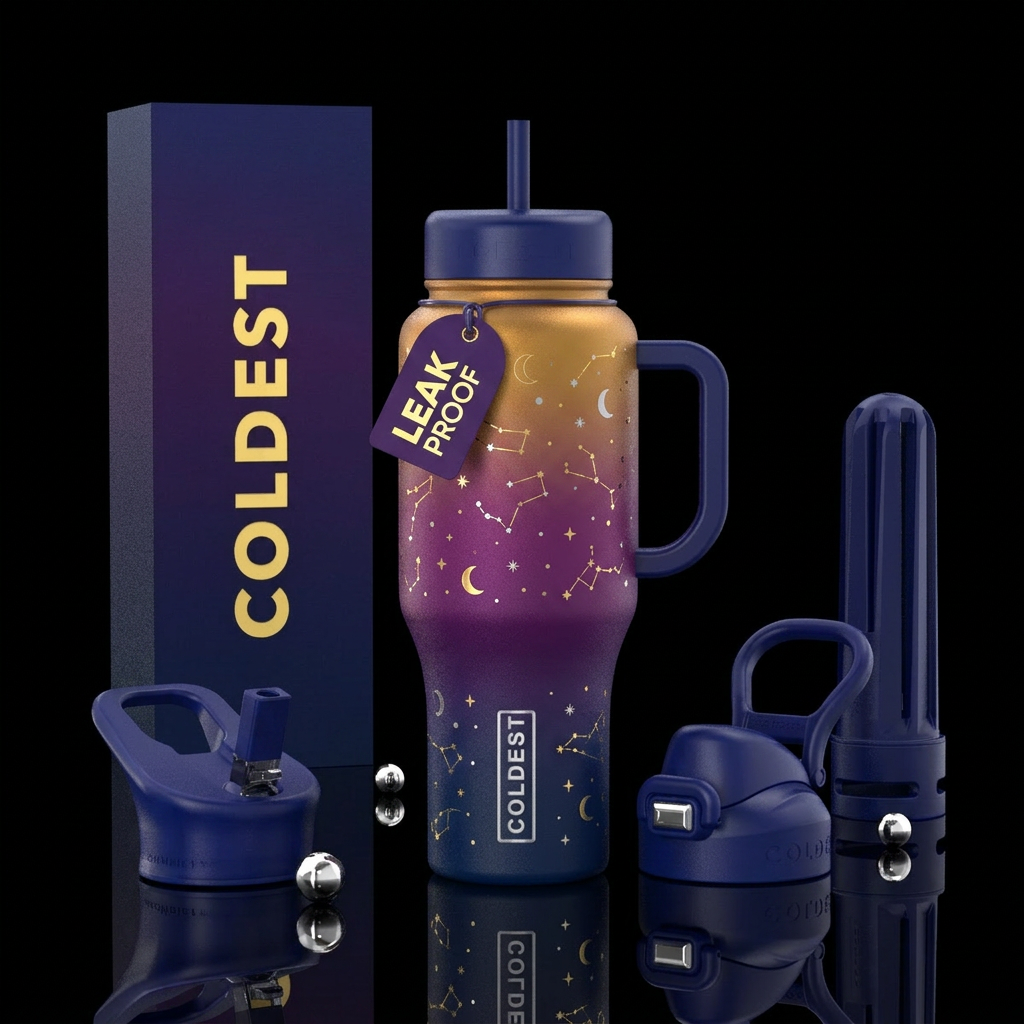 Moon and stars, gradient water bottle design