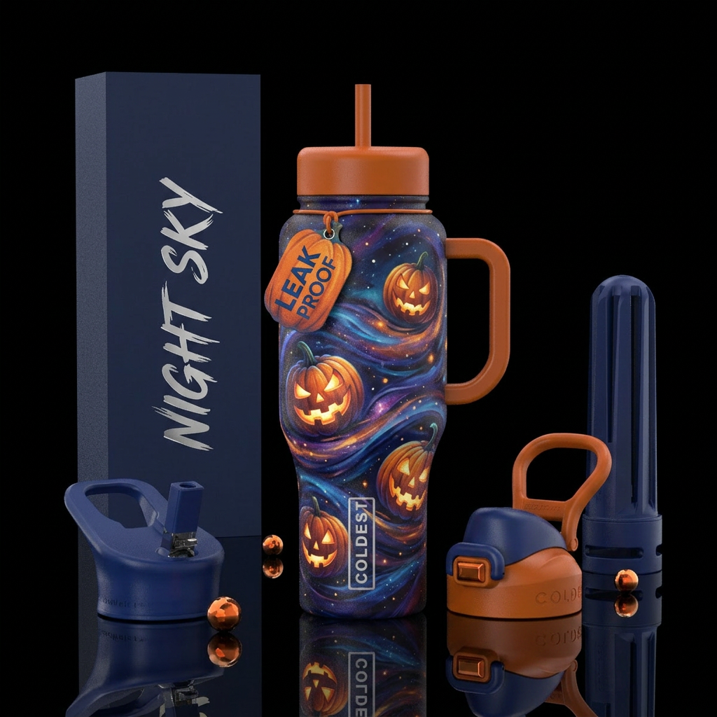 Jack-o-lanterns in the wind under the night sky water bottle design