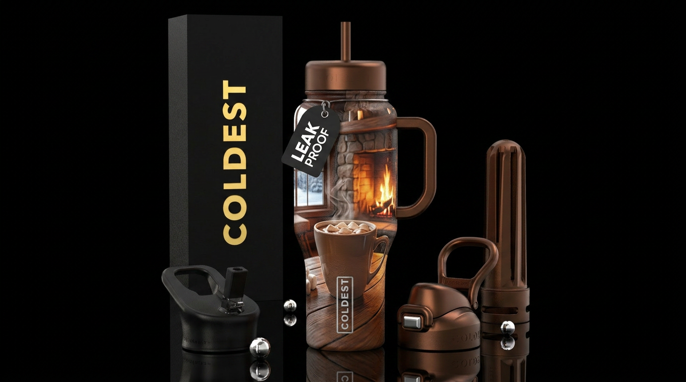Hot chocolate in front of a cozy fire on a snowy d... water bottle design