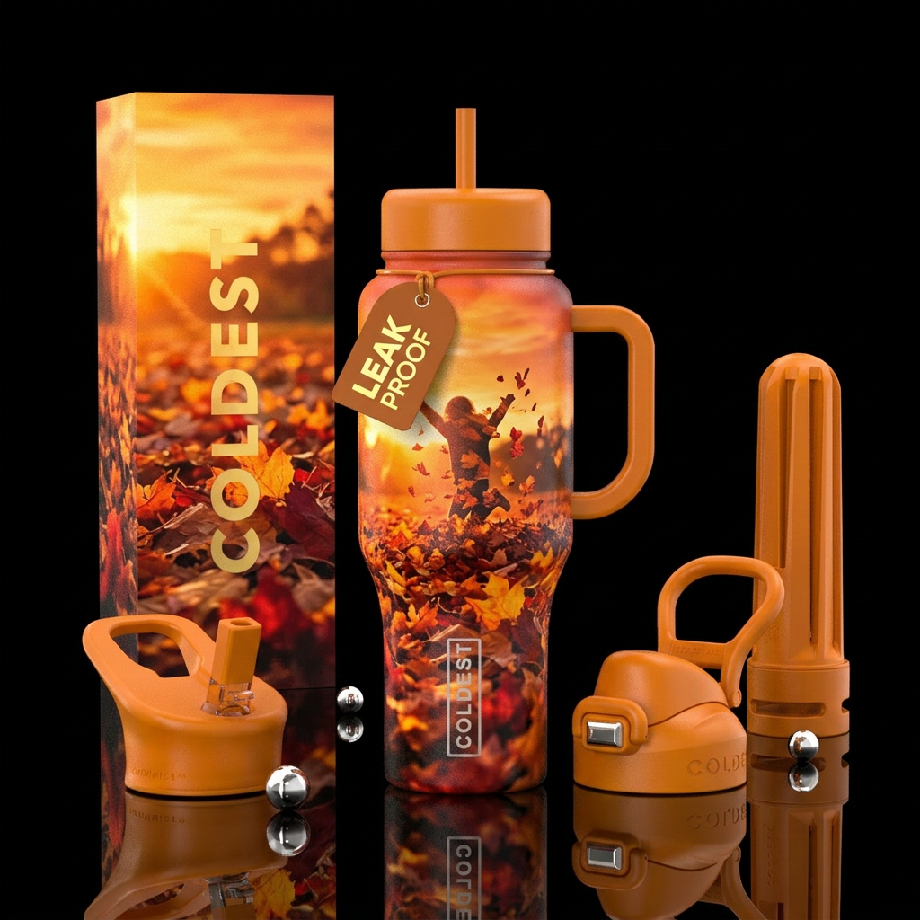 Jumping in a pile of leaves during sunset water bottle design