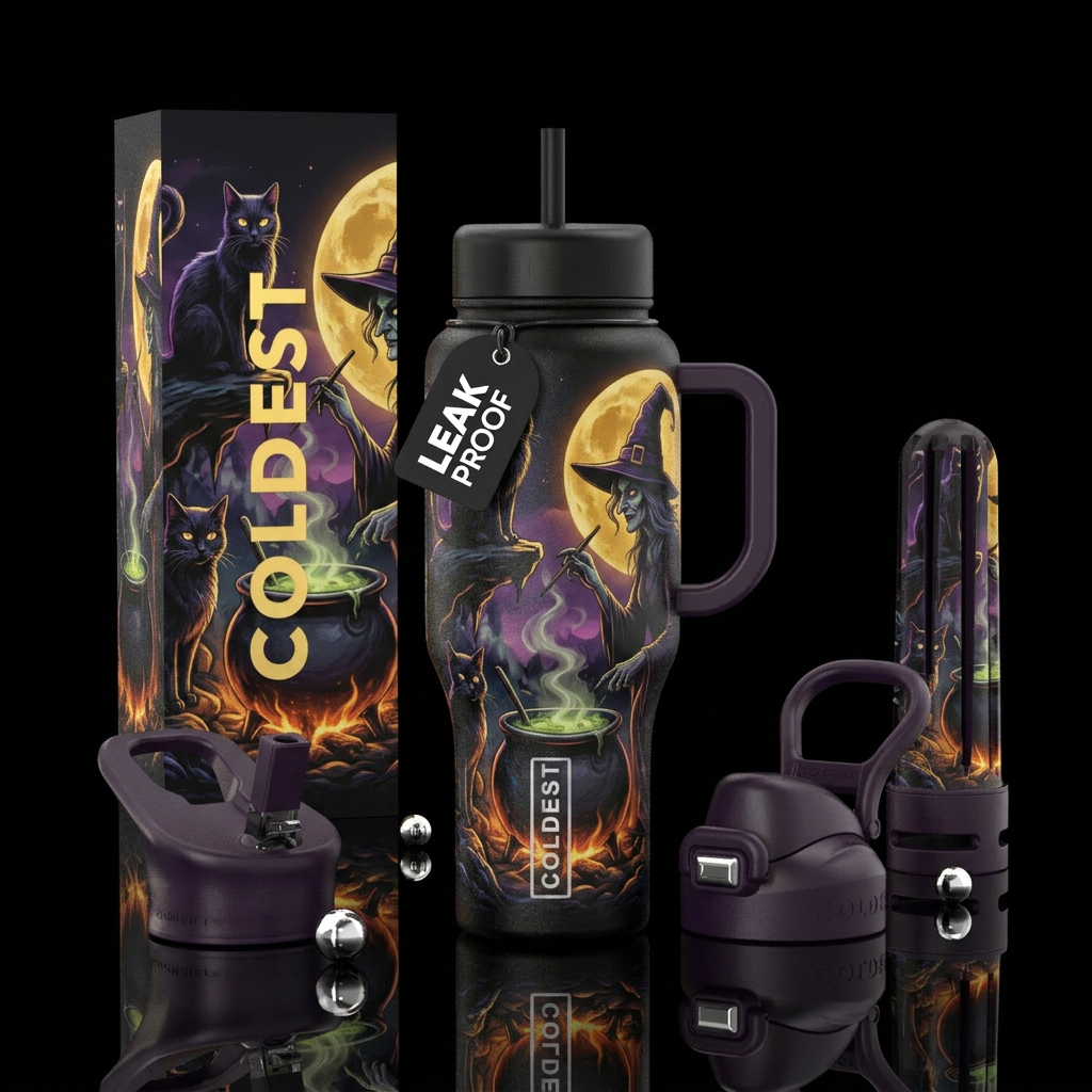 Cats, witches, cauldron, halloween water bottle design