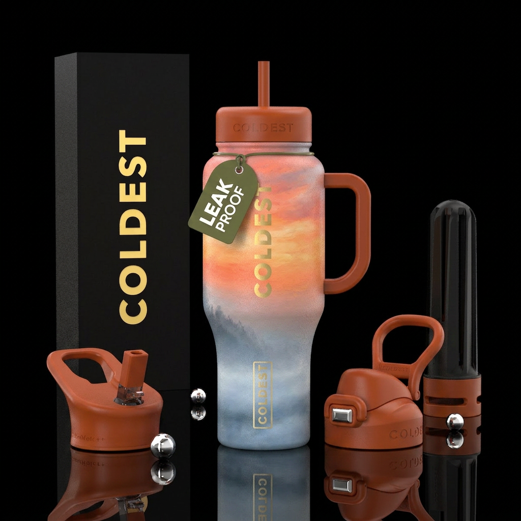 Foggy fall day, sunrise, gradient water bottle design
