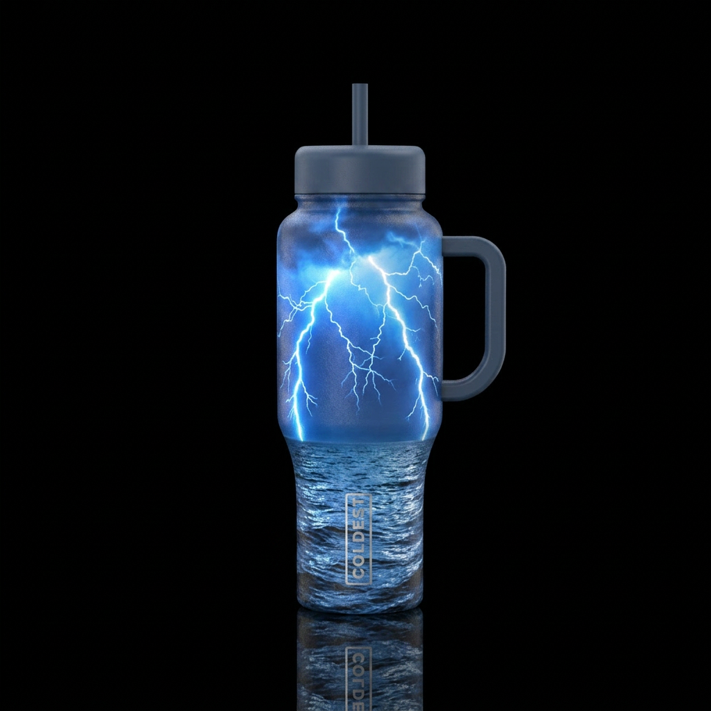 Lightning strikes at night over the water water bottle design