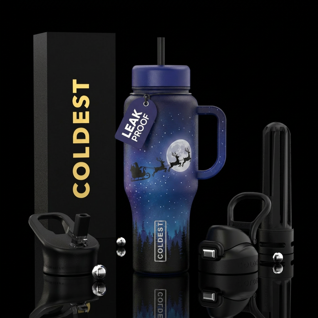 Santa's sleigh flying over the full moon water bottle design