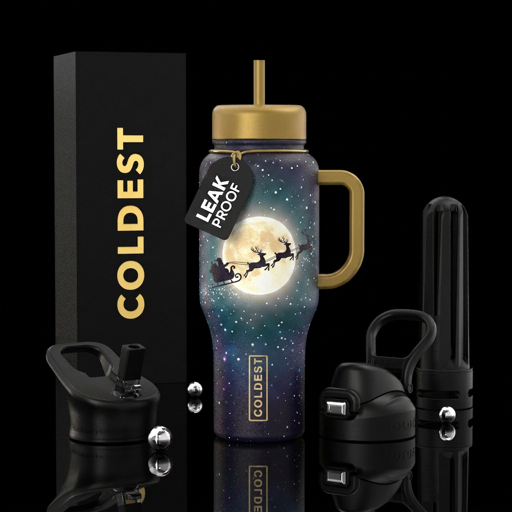 Santa's sleigh flying over the full moon water bottle design