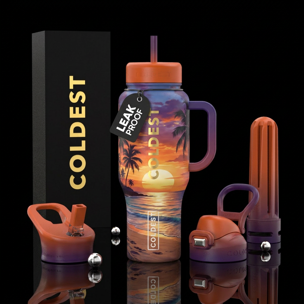 Sunset over the beach water bottle design