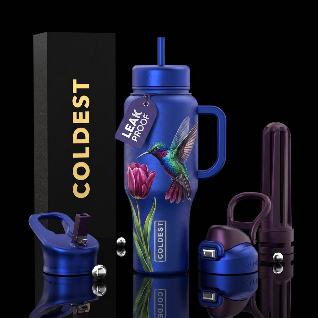 Hummingbird on a tulip water bottle design