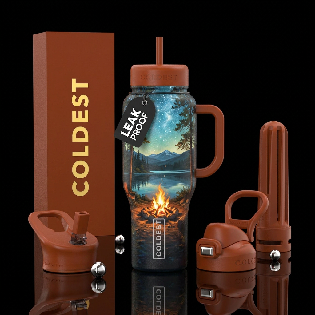 Camp fire by the lake water bottle design