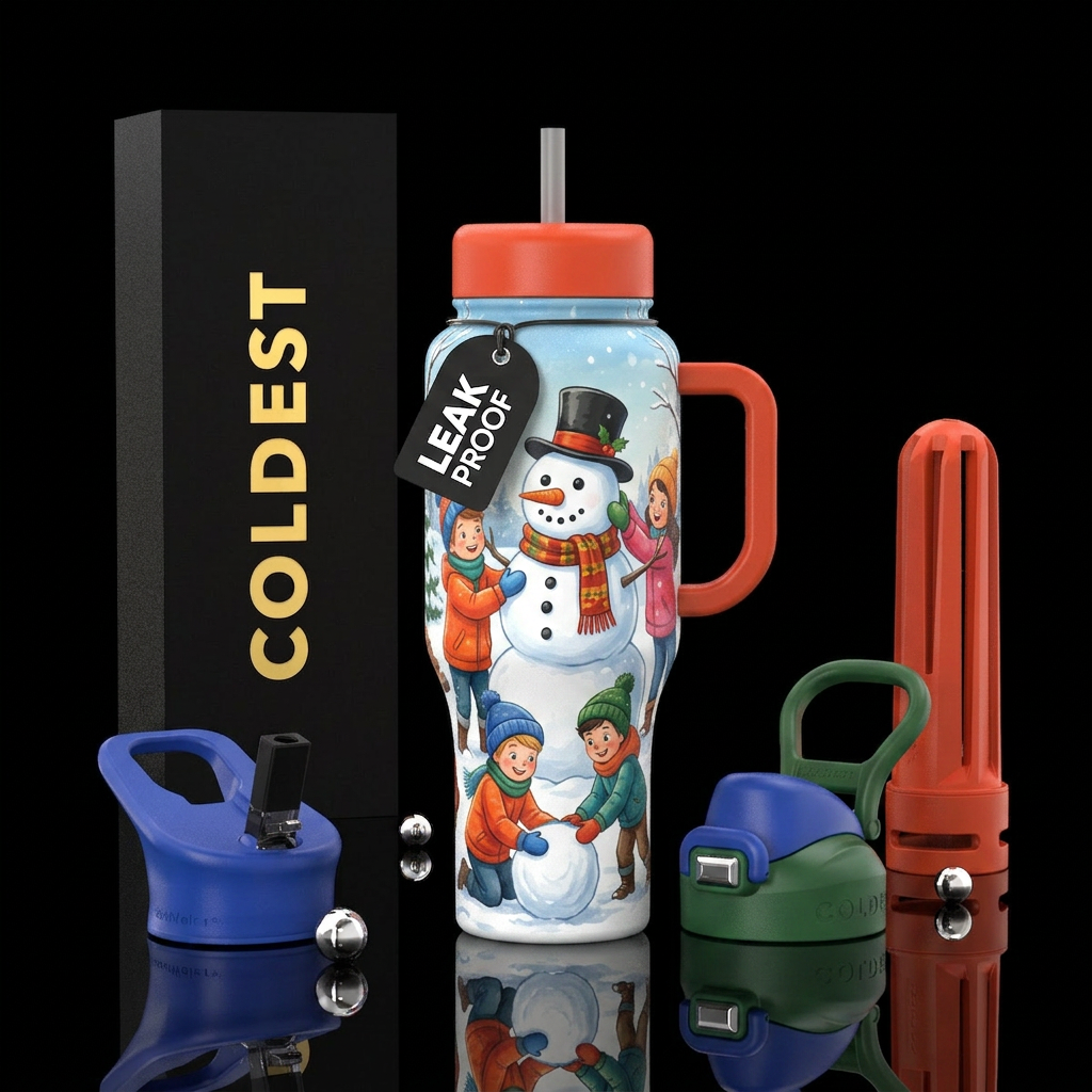 Kids building a snowman water bottle design