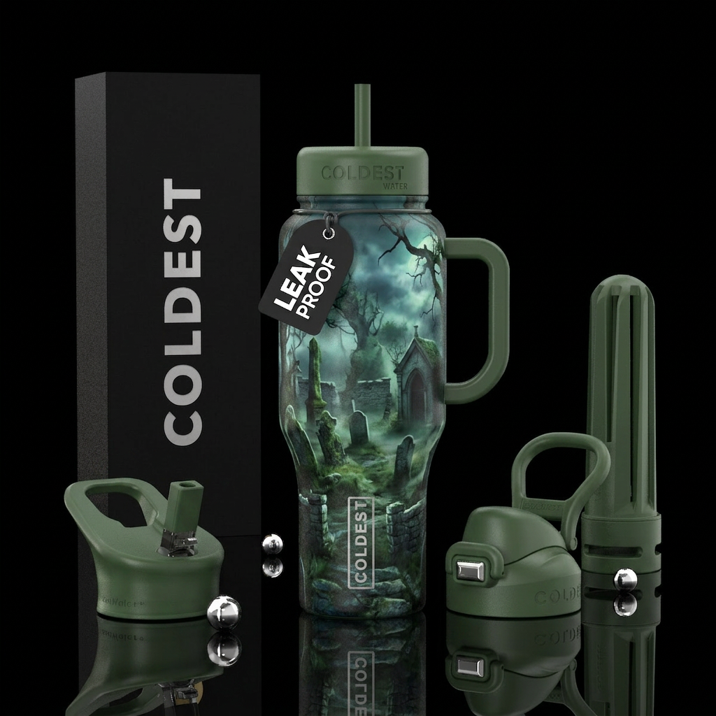 Foggy graveyard water bottle design