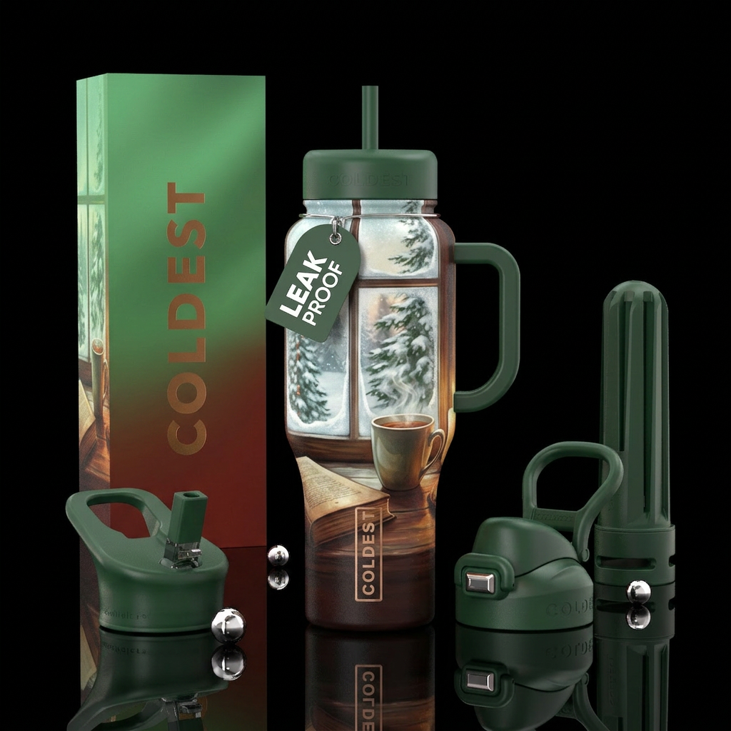 Hot tea by the snowy window water bottle design