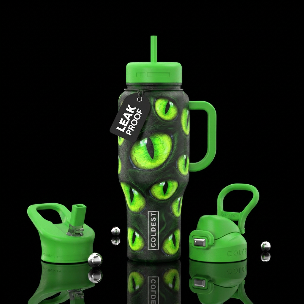 Bright green cat eyes water bottle design
