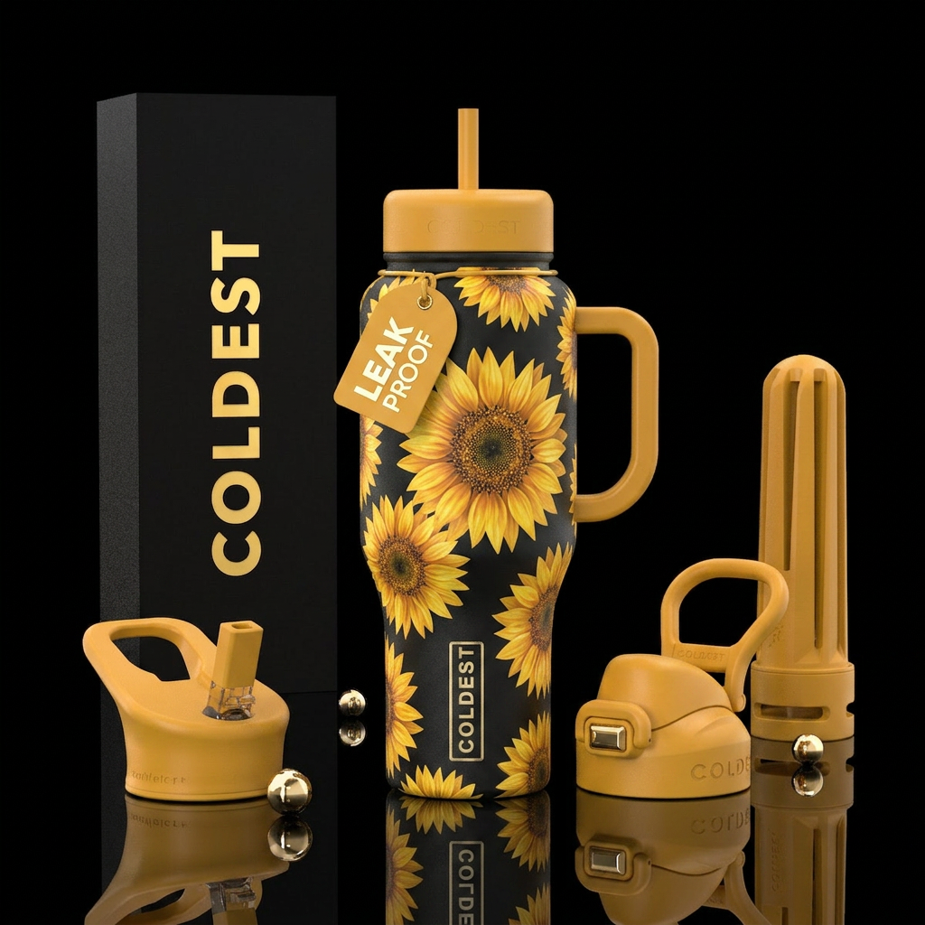 Golden sunflowers water bottle design