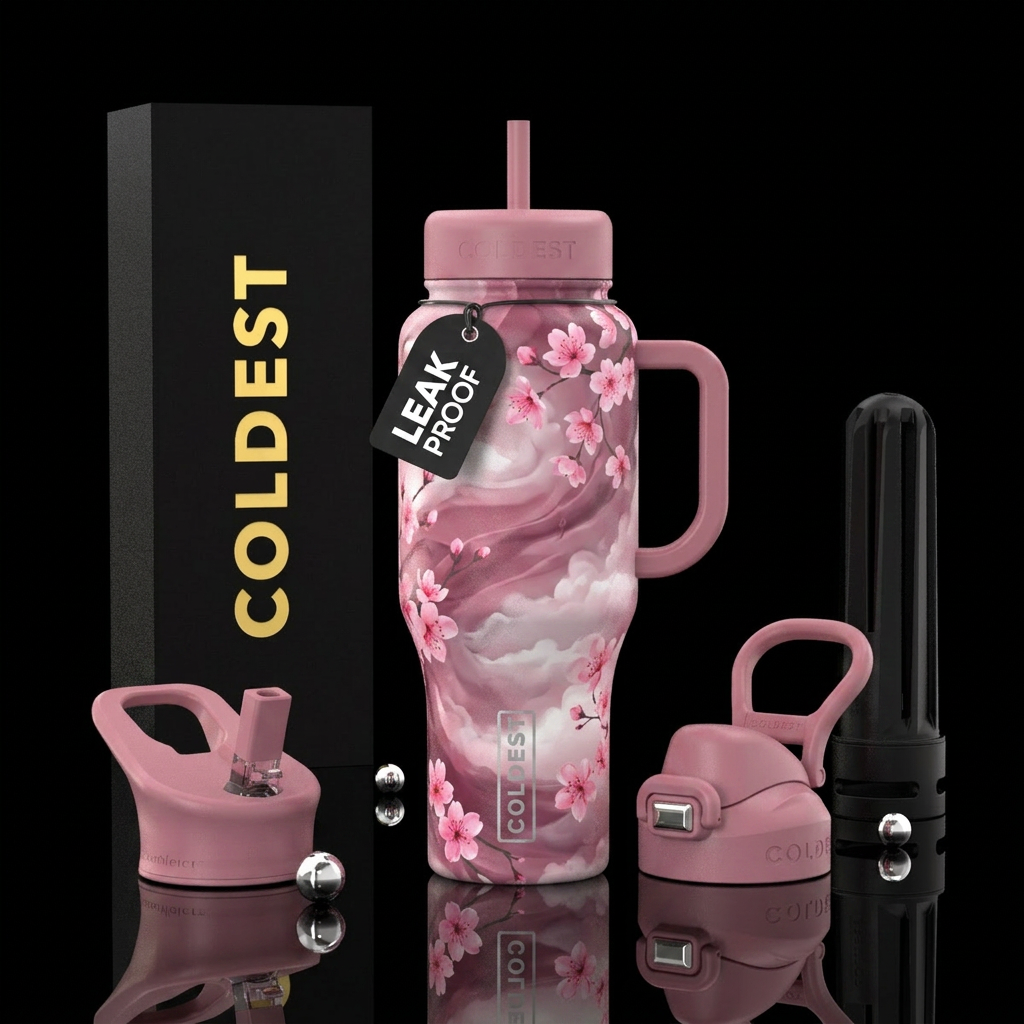 dusty pink, cloud, cherry blossom water bottle design