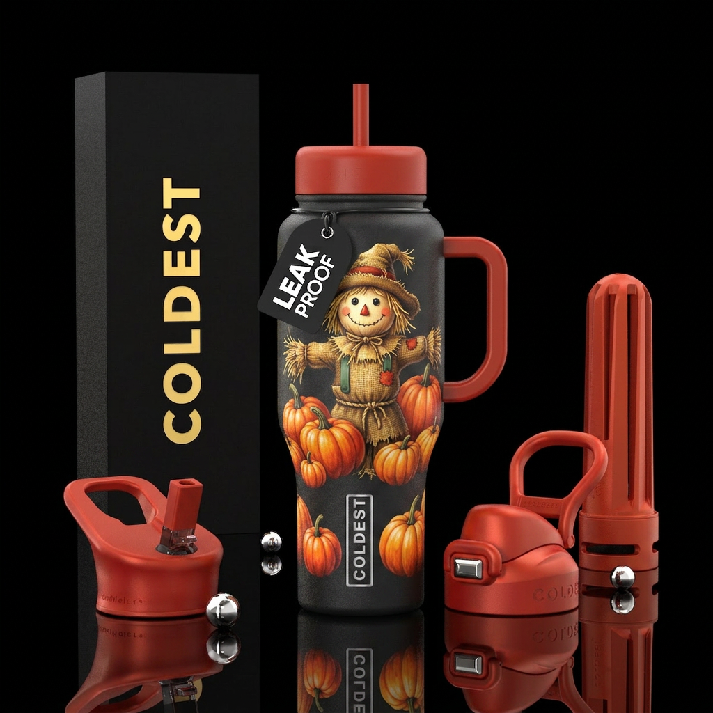 Scarecrow and pumpkins water bottle design