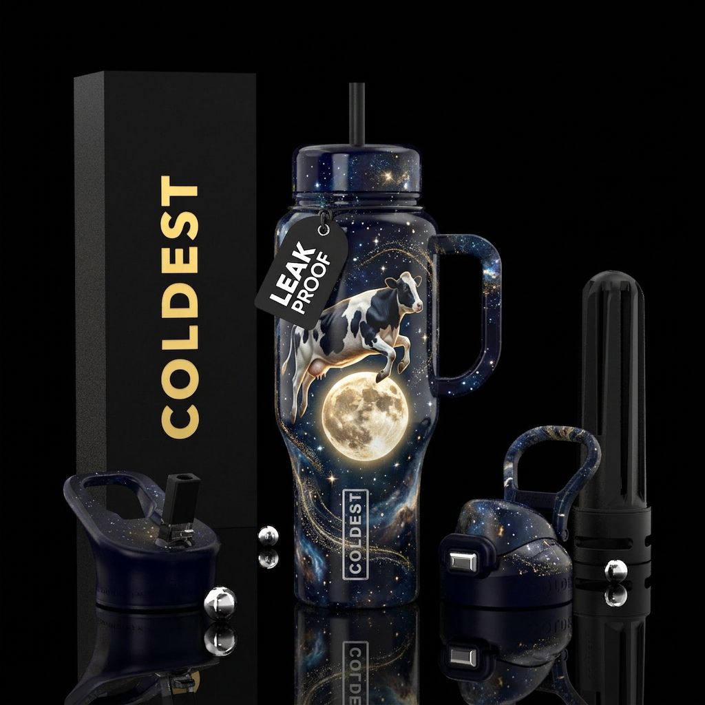 Cow jumps over the moon water bottle design
