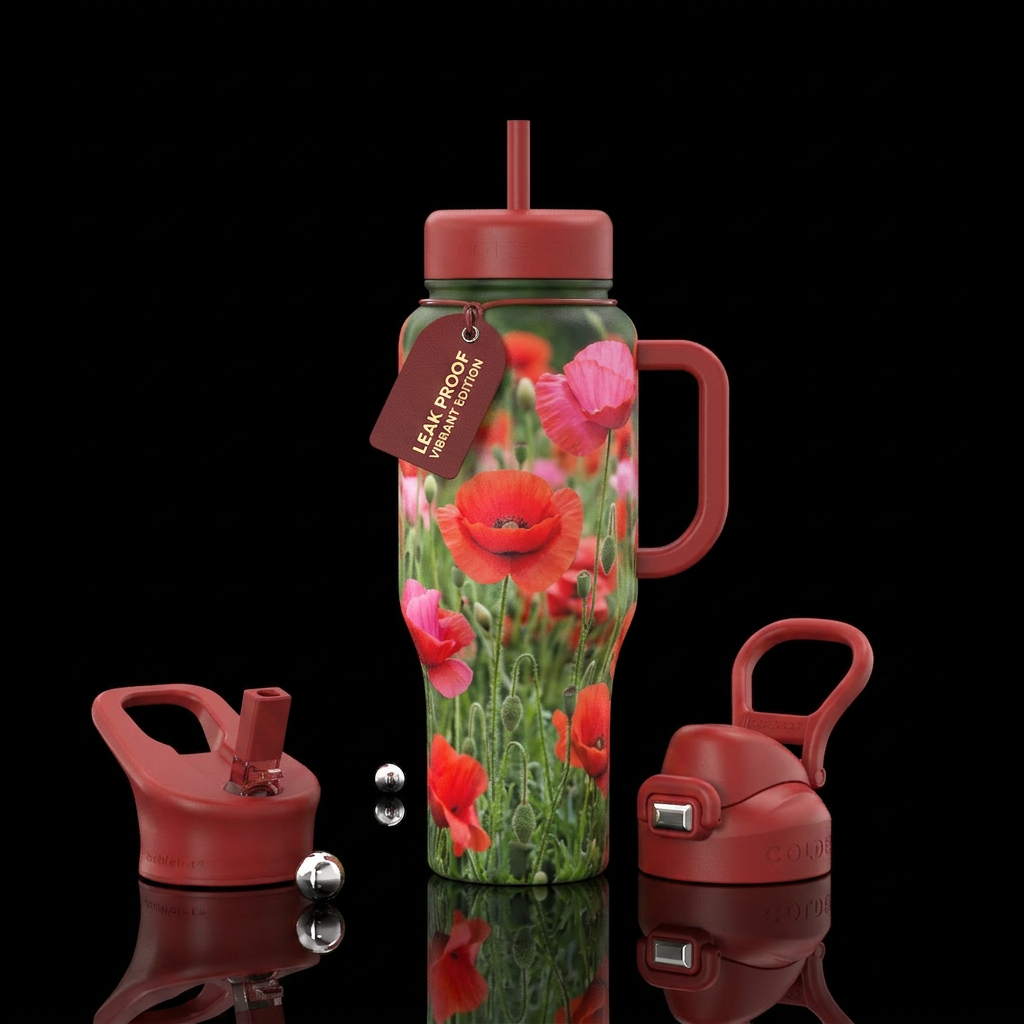 Field of poppies water bottle design