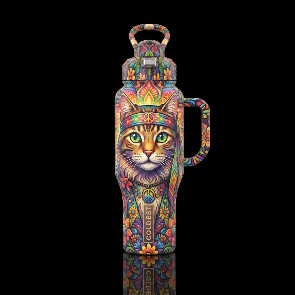 Hippie cat water bottle design