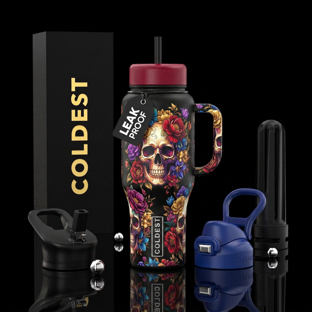 Skulls and flowers water bottle design