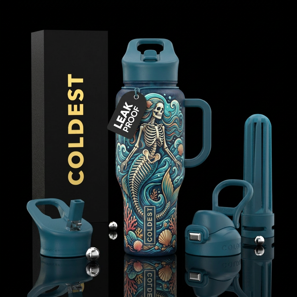 Mermaid skeleton with shells and waves water bottle design