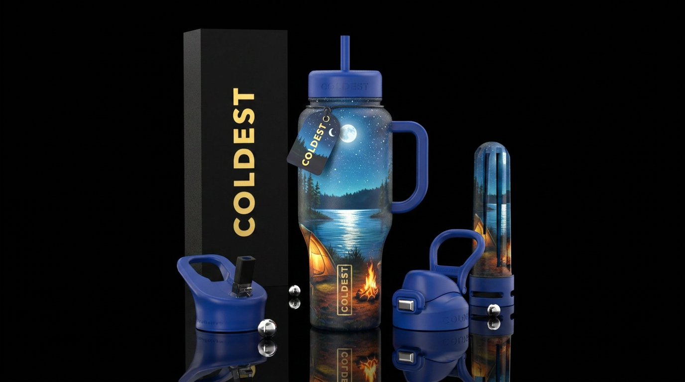 Camping in the moonlight water bottle design