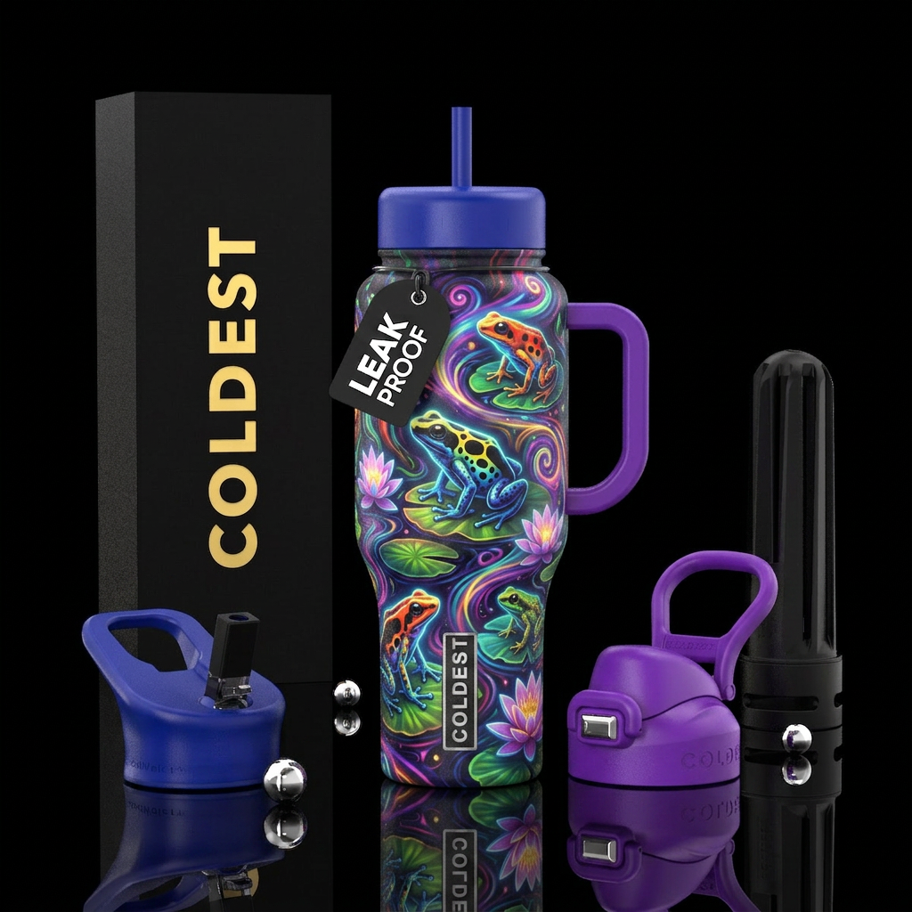 Rainforest dart frogs, psychedelic swirls, glow in... water bottle design