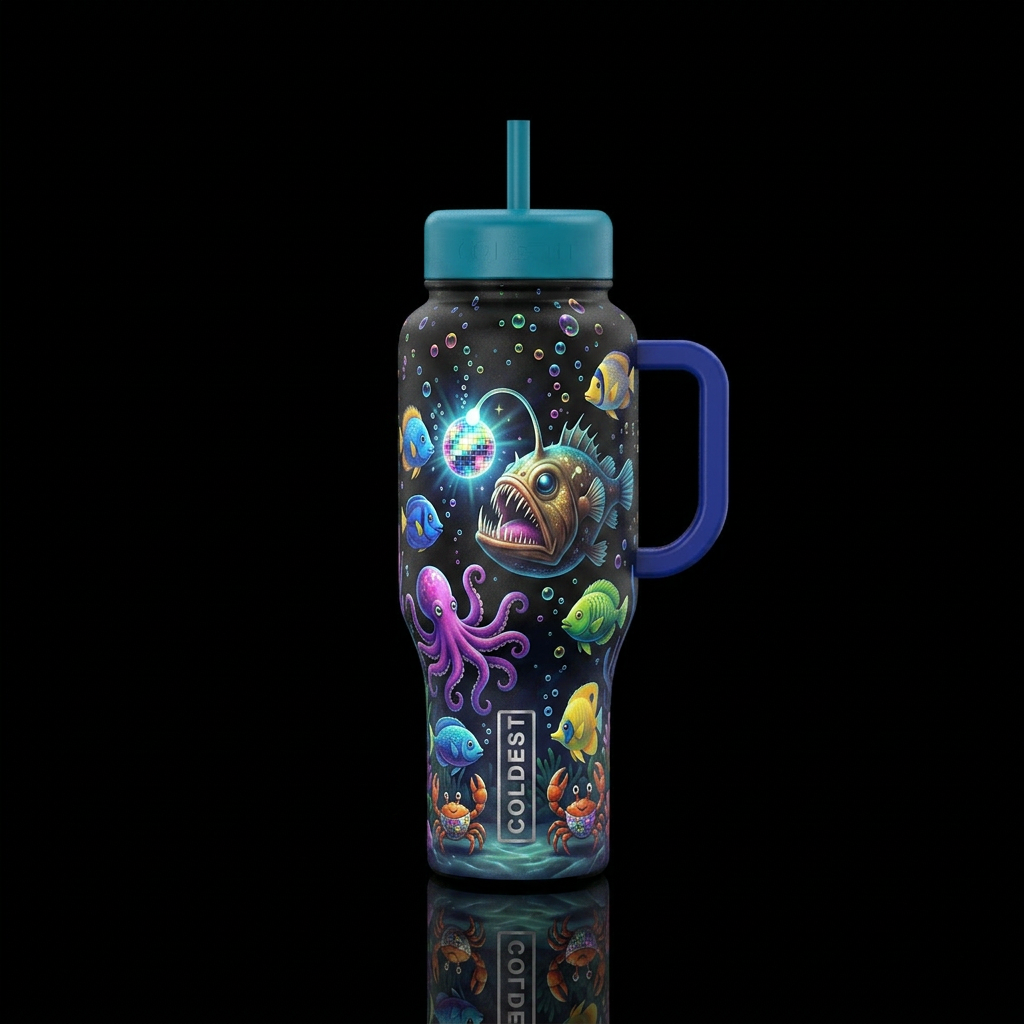 Angler fish disco party water bottle design