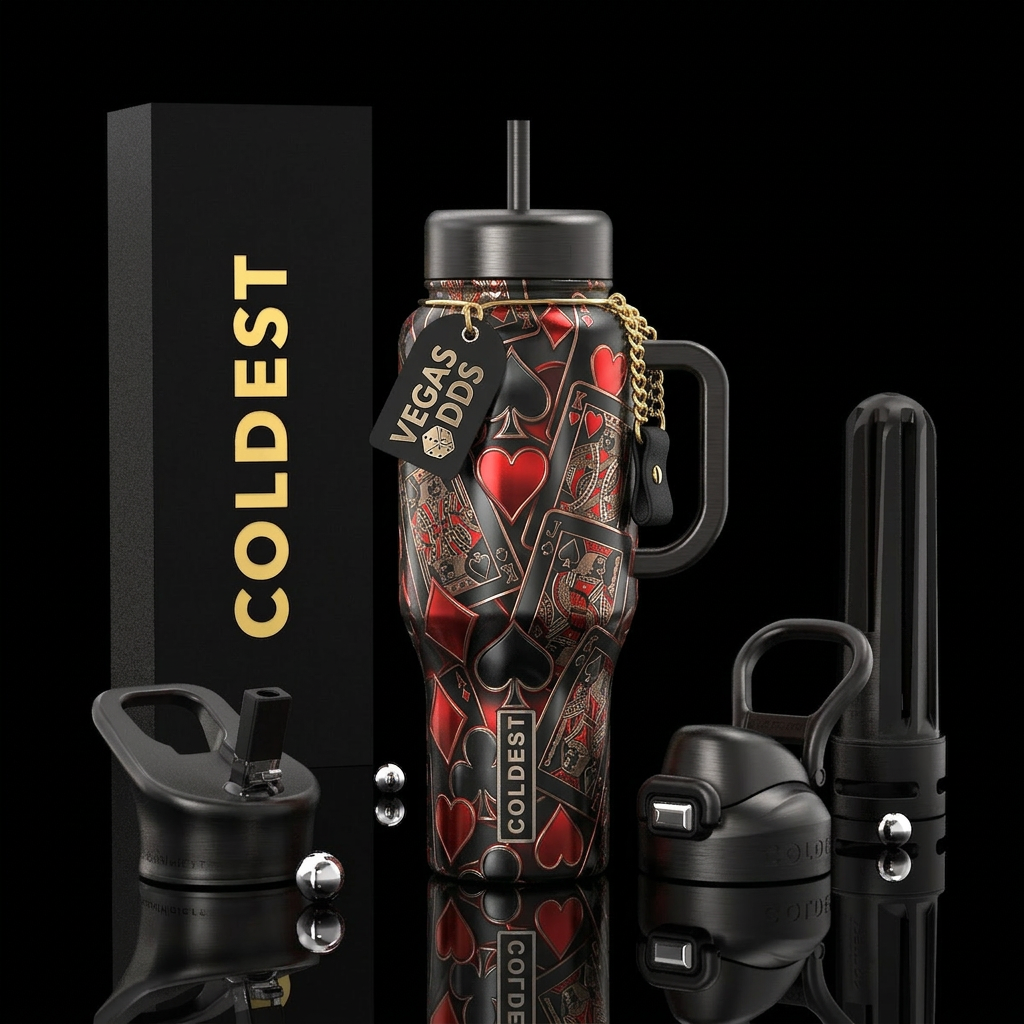 Metallic, casino cards, black and red water bottle design