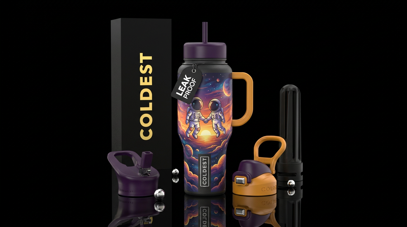Astronaut cartoon couple, in a pretty space sunset water bottle design