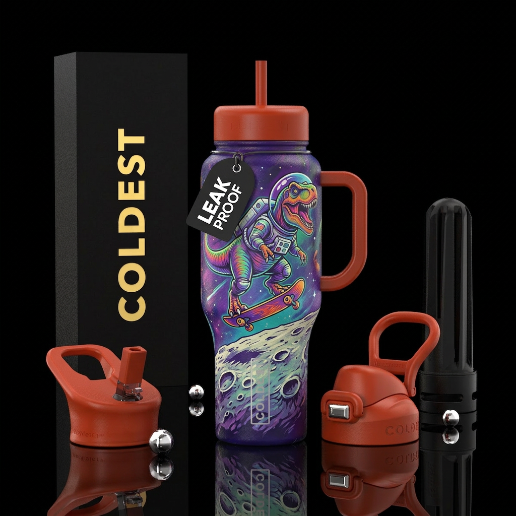 T Rex skateboarding the moon water bottle design