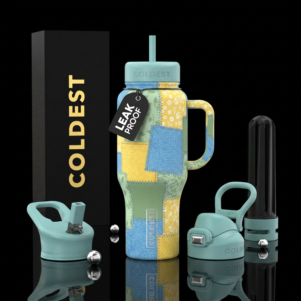 Girly patchwork design,in yellow and baby blue, li... water bottle design