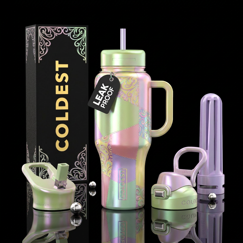 pearlescent,, macaron, mixed media, high fashion water bottle design