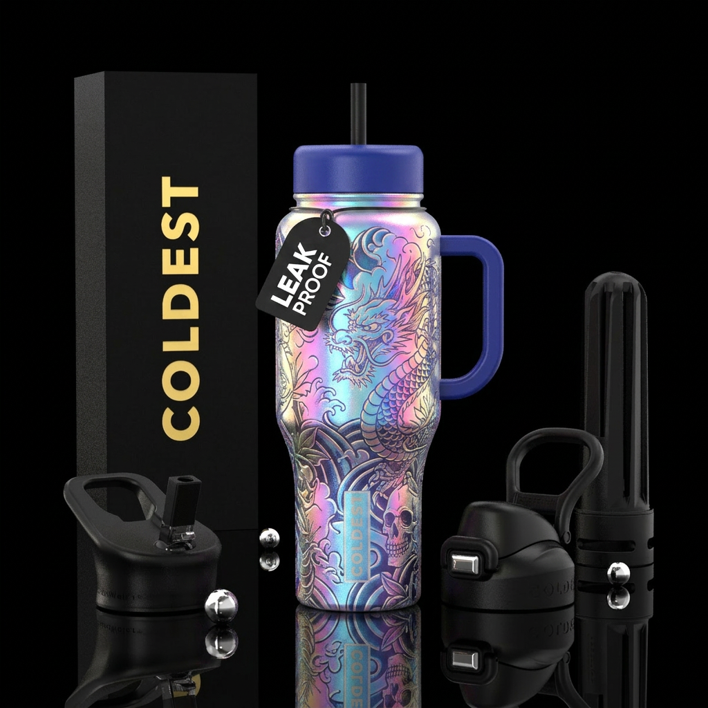 opalescent, tattoo style water bottle design