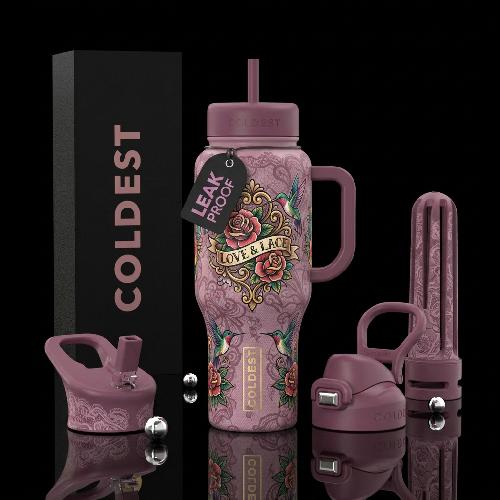 tattoo style, lace, romanticism, mauve water bottle design