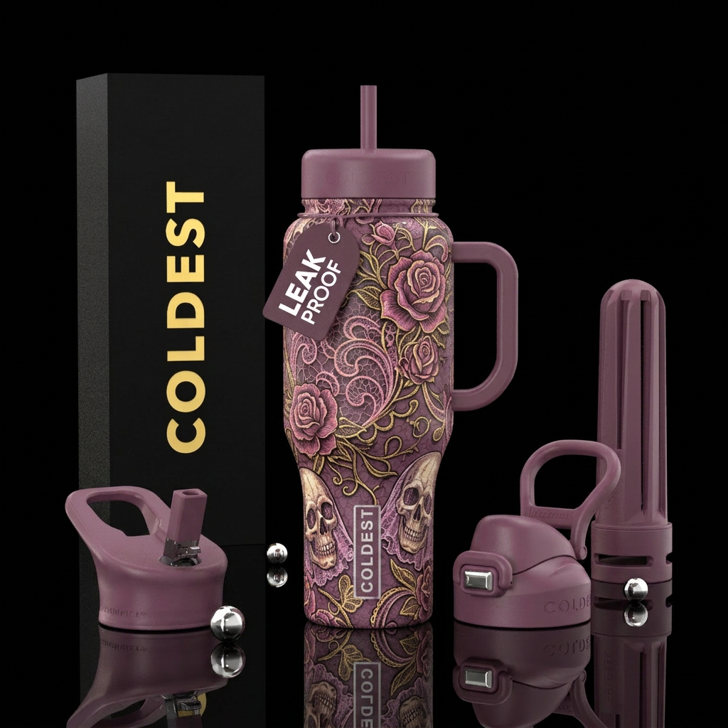 tattoo style, lace, romanticism, mauve water bottle design