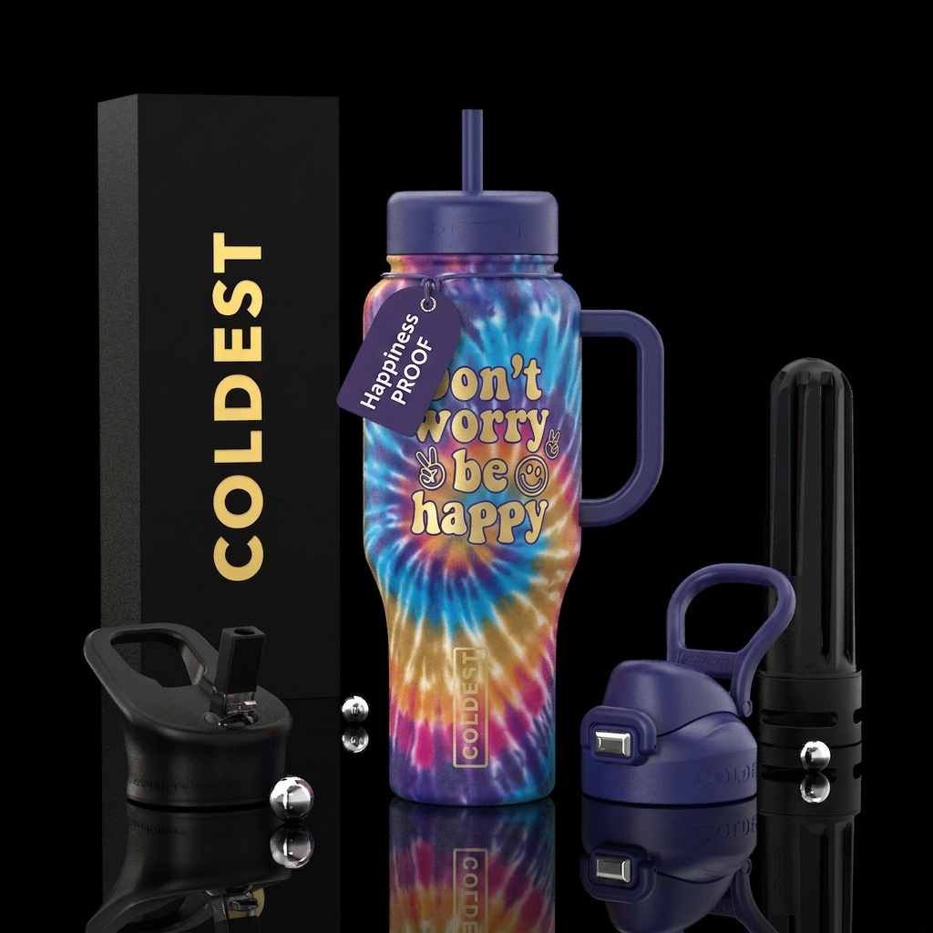 Don't worry be happy. Peace signs. Tyedye water bottle design