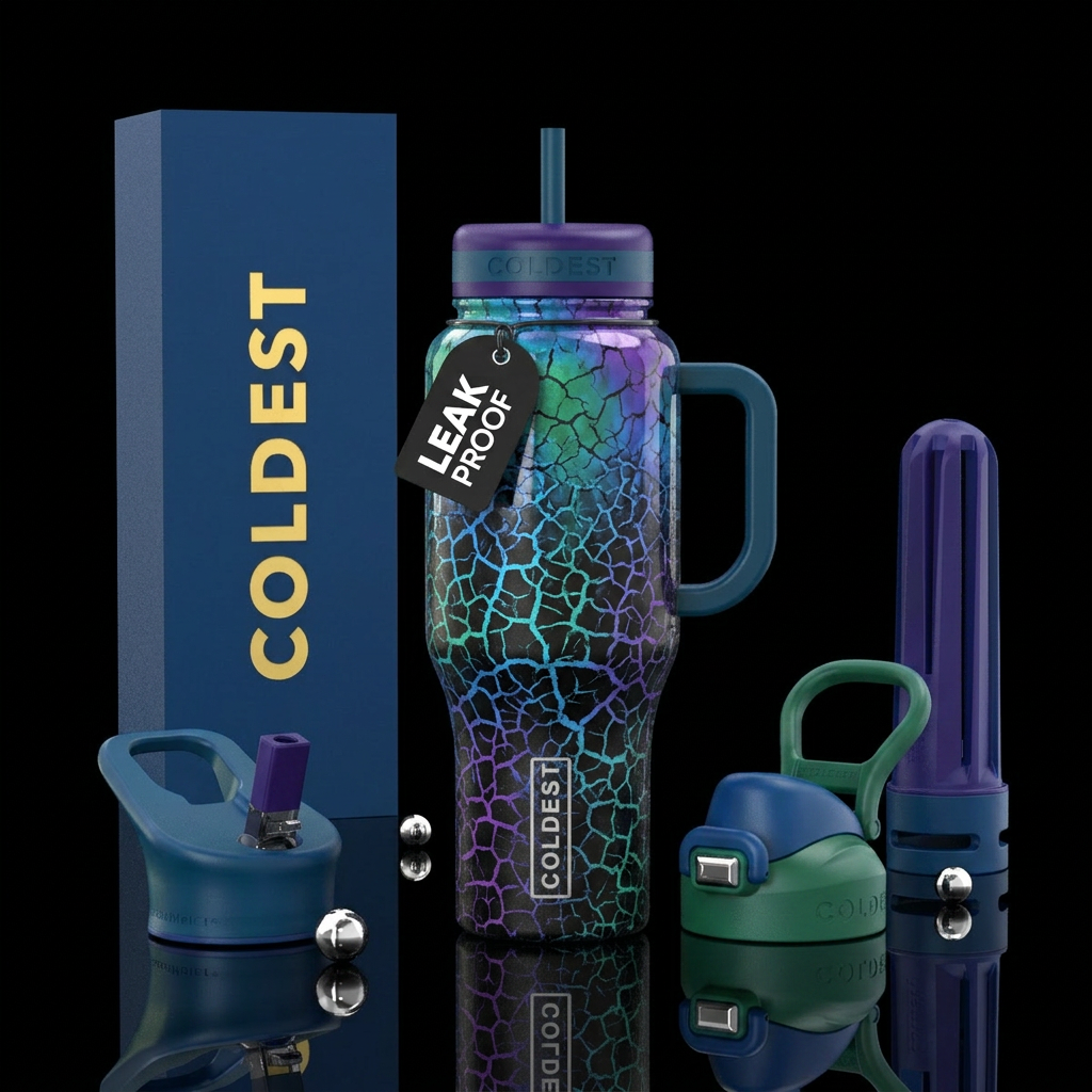 greens blues and purples crackle over black water bottle design