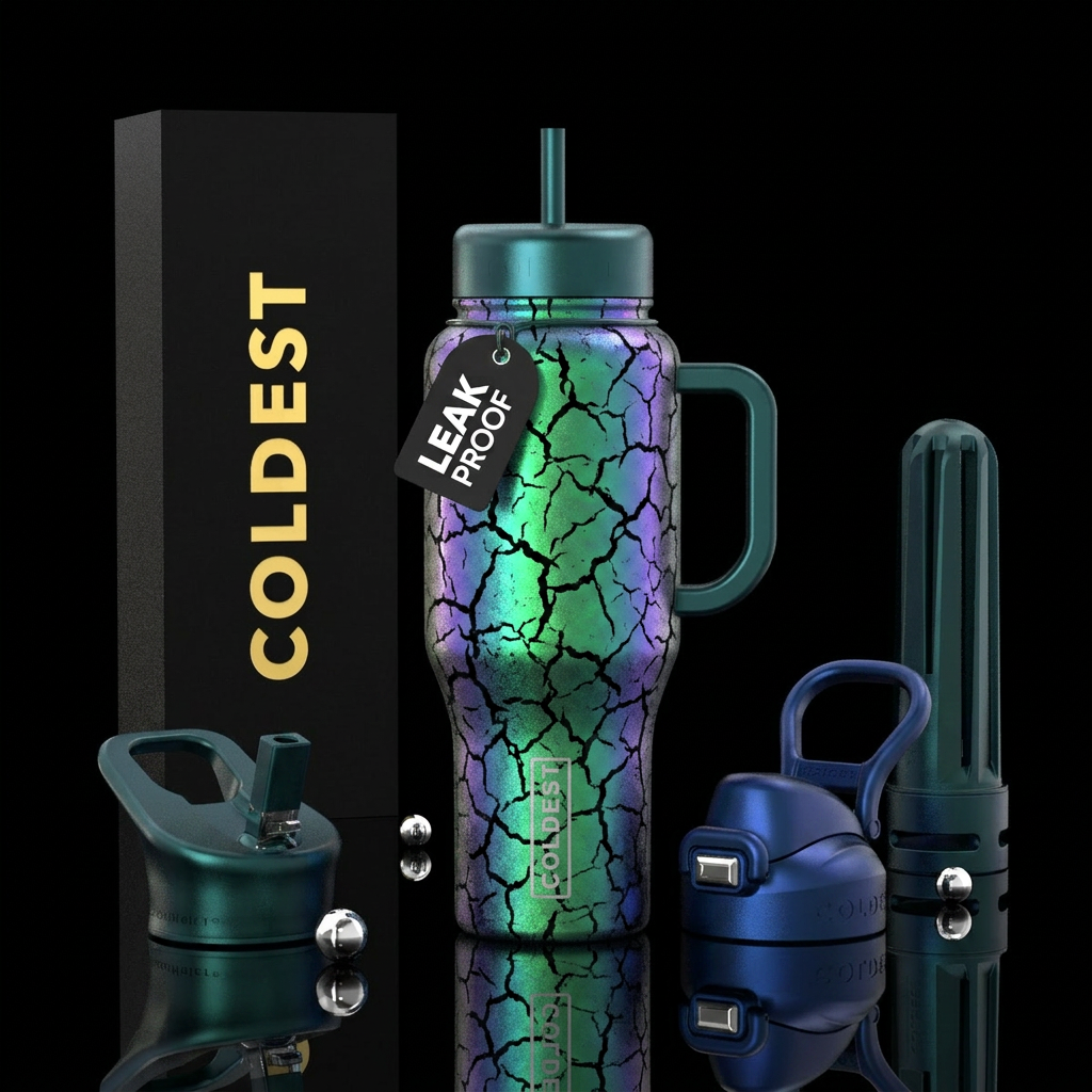 Black crackle over greens blues and purples water bottle design
