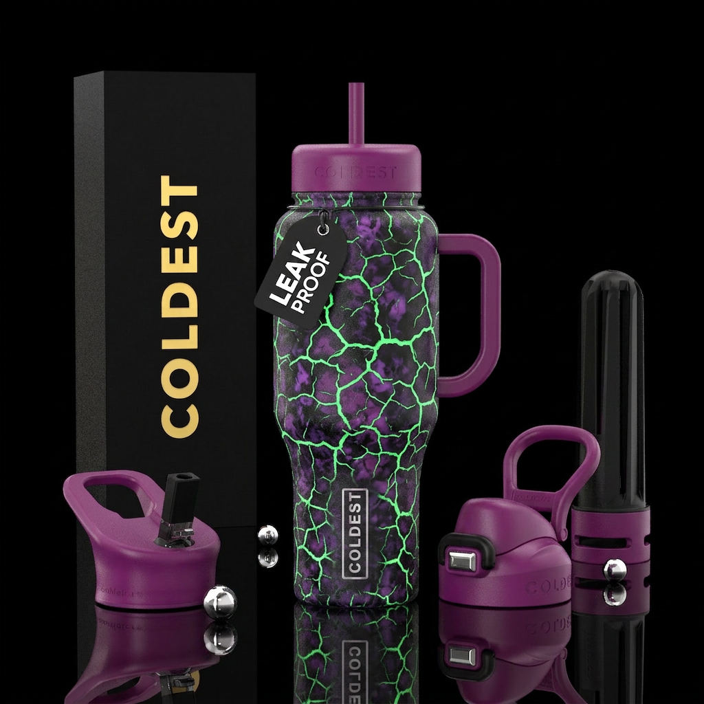 Glowing green crackle over blackand purples water bottle design