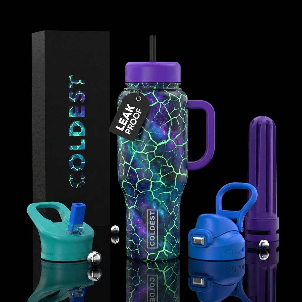 Glowing green crackle over blues and purples water bottle design