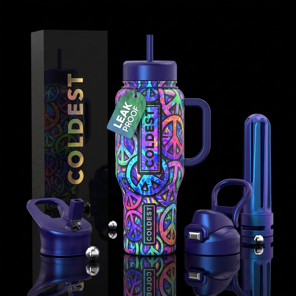 electric colors with pease sign shadows water bottle design
